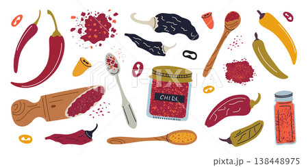Pepper clipart set, flat cartoon chili, jalapeno and banana peppers, fresh and dried. Spice jars, wooden spoons with seasoning blends, scattered pepper mix, vector illustration for cooking, food theme Pepper clipart set, flat cartoon chili, jalapeno and banana peppers, fresh and dried. Spice jars, wooden spoons with seasoning blends, scattered pepper mix, vector illustration for cooking, food theme 138448975