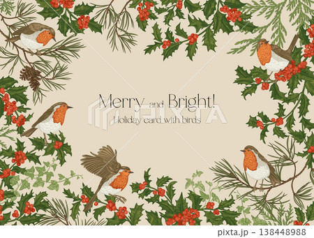 Holiday frame with winter plants and birds. Holiday frame with winter plants and birds. 138448988