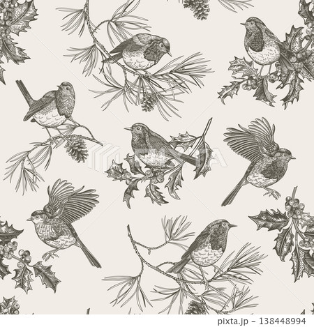 Seamless winter pattern with birds. B&W Seamless winter pattern with birds. B&W 138448994
