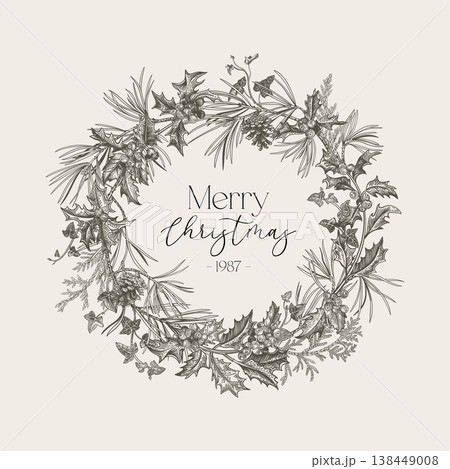 Vintage Christmas wreath. B&W Vintage Christmas wreath. B&W 138449008