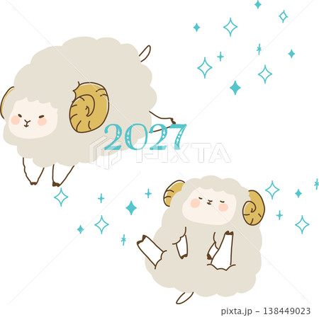 2027年干支ひつじのかわいいイラストセット｜ポップでシンプルな年賀状素材 138449023