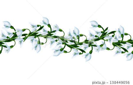 White snowdrops, green branches. Seamless floral botanical border. Digital watercolor hand drawn 138449056