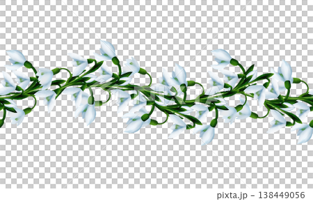White snowdrops, green branches. Seamless floral botanical border. Digital watercolor hand drawn 138449056