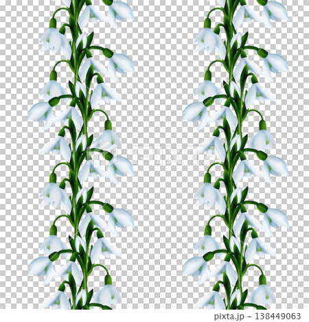 White snowdrops, green branches. Seamless floral botanical pattern. Digital watercolor hand drawn White snowdrops, green branches. Seamless floral botanical pattern. Digital watercolor hand drawn 138449063