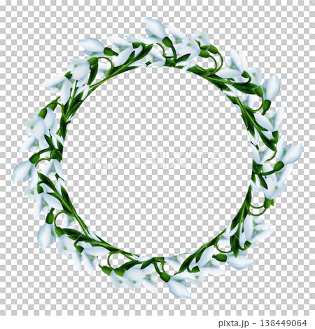 Round wreath, frame with white snowdrops, green branches, bloom flowers with green leaves. Digital watercolor Round wreath, frame with white snowdrops, green branches, bloom flowers with green leaves. Digital watercolor 138449064