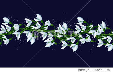 White snowdrops, green branches, splashes. Seamless floral botanical border. Digital watercolor hand drawn. For design of invitations, certificates, postcards, posters, flyers, textiles, stationery White snowdrops, green branches, splashes. Seamless floral botanical border. Digital watercolor hand drawn. For design of invitations, certificates, postcards, posters, flyers, textiles, stationery 138449070