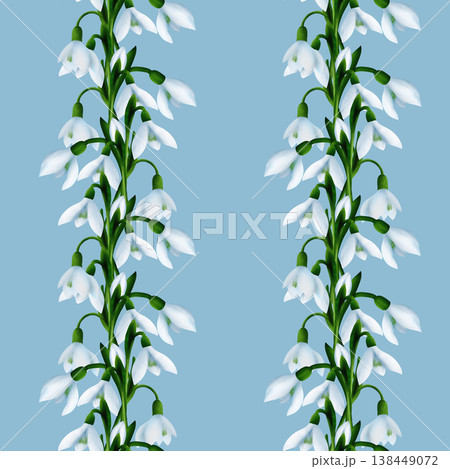 White snowdrops, green branches. Seamless floral botanical pattern. Digital watercolor hand drawn 138449072