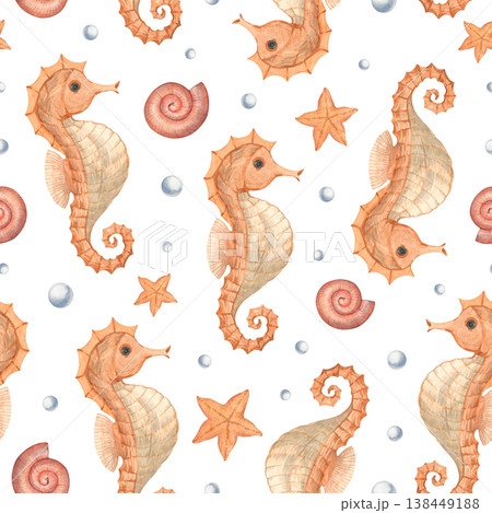 A seamless watercolor pattern featuring a seahorse illustration 138449188