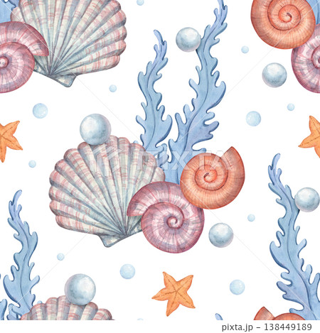 A seamless watercolor pattern featuring beautiful shells and pearls 138449189
