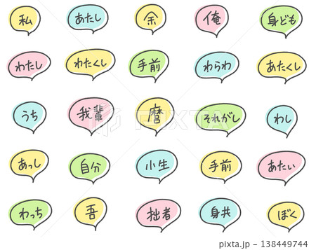 日本語の色々な一人称代名詞の手書き文字　吹き出しセット　私・俺・吾輩・それがし 138449744