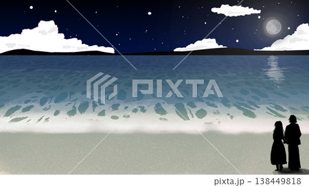 夜の海を眺めるシルエットカップルの横長背景イラスト 138449818