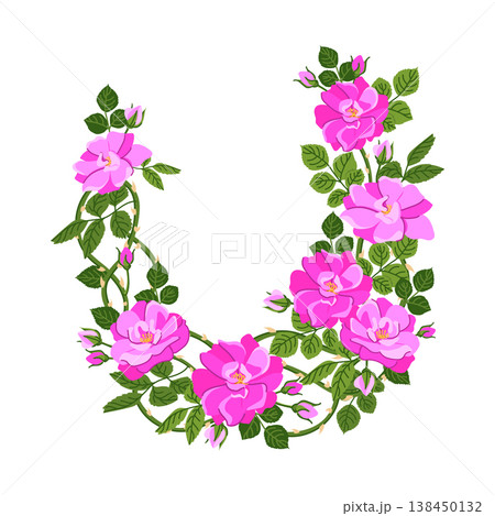 A frame of intertwined pink rose branches. A popular Victorian motif. Flat style vector. A symbol of love and passion. Clipart for Valentine's Day cards, weddings, and Mother's Day. 138450132