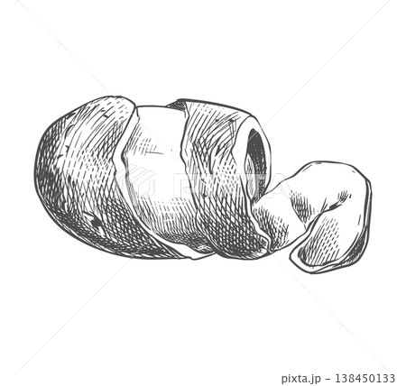 Vector sketch of a potato. The process of peeling the tuber. Line drawing of a peeled root vegetable. Imitation of an ink engraving. Hand-drawn. Whole potato on a white background. 138450133