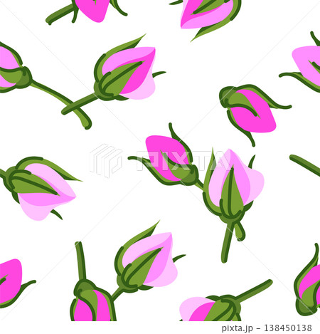 Vector background of a rosebud in a flat style. Damask rose is a source of aromatic oils and extracts for cosmetics and perfumes. Seamless pattern of rose petals. Persian herbal teas. Vector background of a rosebud in a flat style. Damask rose is a source of aromatic oils and extracts for cosmetics and perfumes. Seamless pattern of rose petals. Persian herbal teas. 138450138