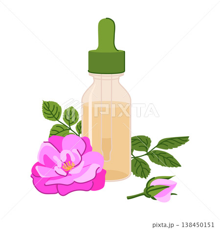 Dropper bottle and a pink Bulgarian rose. Glass vial with damask rose essential oil. Ingredient for cosmetics and perfumes. Flat design illustration. A bottle with a pipette and floral extract. 138450151