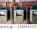 Curves of the gas pipe on the background wall. Multiple city gas meters. Korea 138450159