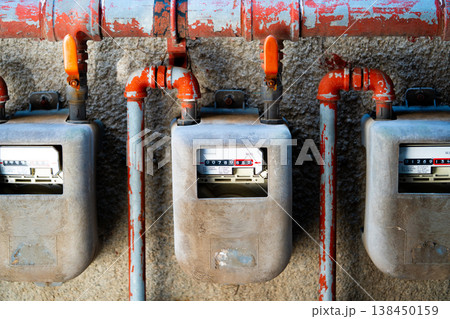 Curves of the gas pipe on the background wall. Multiple city gas meters. Korea Curves of the gas pipe on the background wall. Multiple city gas meters. Korea 138450159