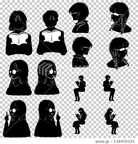 Female profile silhouette set, PNG transparent image, with variations in hairstyle and pose (person icon) 138450193