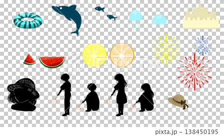 夏のイラストセット PNG透過素材 （シルエット人物あり） 138450195