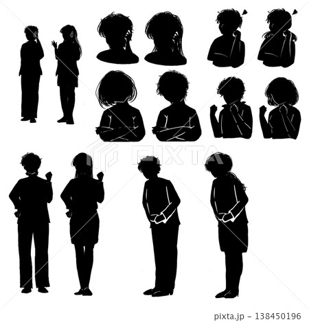 男女の人物シルエットセット PNG透過素材 立ち姿・会話・ポーズバリエーション（ビジネス・日常） 138450196