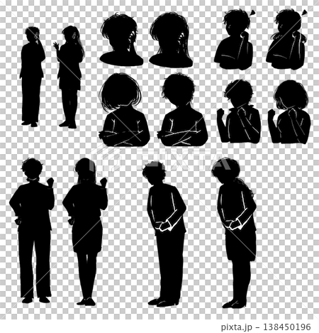一套男女剪影PNG圖片，背景透明。包括站立、交談和各種姿勢（商務和日常）。 138450196