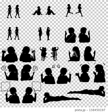 女性の人物シルエットセット PNG透過素材 スマホ・会話・ポーズバリエーション(日常) 女性の人物シルエットセット PNG透過素材 スマホ・会話・ポーズバリエーション(日常) 138450197