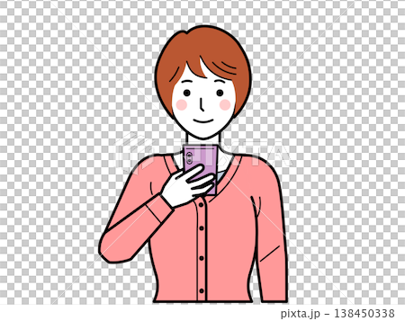 正面向き。スマホを見るカーディガンを着た若い女性。 138450338