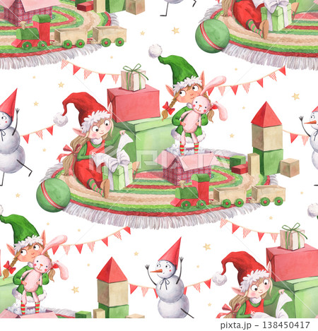 Watercolor pattern with cheerful elves and gifts Watercolor pattern with cheerful elves and gifts 138450417