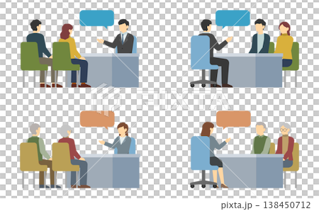 Flat illustration: A set of a man and woman in suits explaining something across a table, and a couple. Flat illustration: A set of a man and woman in suits explaining something across a table, and a couple. 138450712
