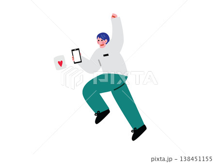 スマホを片手に喜ぶ男性のイラスト スマホを片手に喜ぶ男性のイラスト 138451155