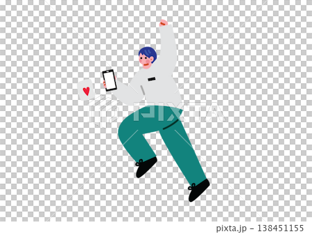 スマホを片手に喜ぶ男性のイラスト スマホを片手に喜ぶ男性のイラスト 138451155