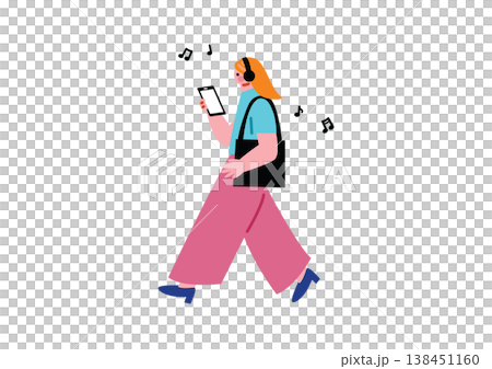 An illustration of a woman walking while operating her smartphone. 138451160