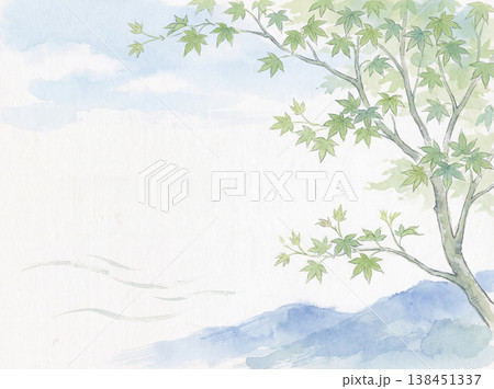水彩画 新緑の葉と青空 水彩画 新緑の葉と青空 138451337
