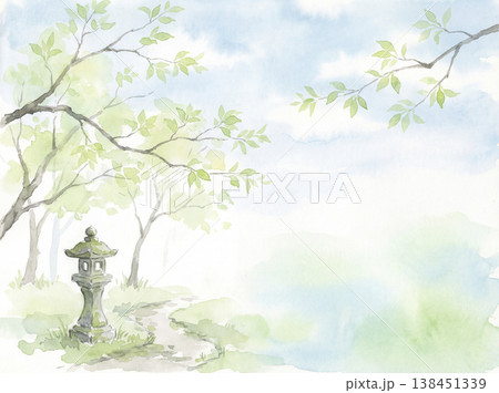 水彩画 新緑の葉と青空 水彩画 新緑の葉と青空 138451339