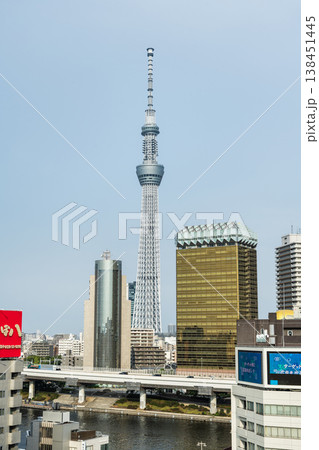 Building view of the Tokyo Skytree, which is the primary television and radio broadcast site in the Kanto region and is the tallest tower in Japan. Building view of the Tokyo Skytree, which is the primary television and radio broadcast site in the Kanto region and is the tallest tower in Japan. 138451445