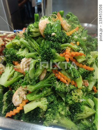 Stir fry broccoli shrimp carrot vegetable healthy meal delicious Stir fry broccoli shrimp carrot vegetable healthy meal delicious 138451508