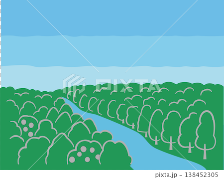 一幅簡單的風景插圖,描繪了森林、河流和天空。 一幅簡單的風景插圖,描繪了森林、河流和天空。 138452305