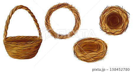 Set, clip art of brown wreath round, wicker basket, nests made of branches and viness, no leaves 138452780
