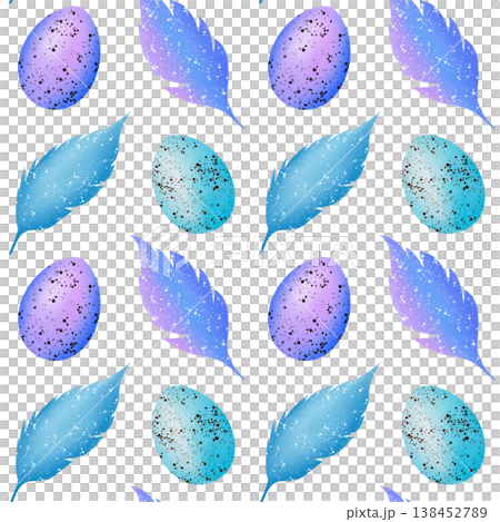 Easter eggs violet and blue colour and beautiful feathers seamless pattern. Digital watercolor Easter eggs violet and blue colour and beautiful feathers seamless pattern. Digital watercolor 138452789