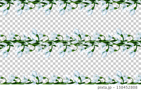 White snowdrops, green branches, splashes. Seamless floral botanical border. Digital watercolor hand drawn White snowdrops, green branches, splashes. Seamless floral botanical border. Digital watercolor hand drawn 138452808