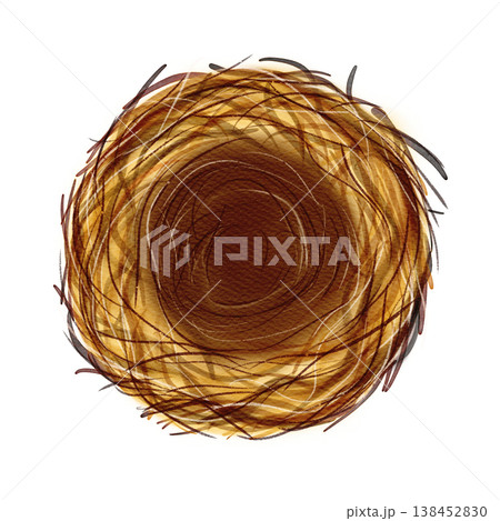 Beautiful nest from ocher and brown straw and branches. Watercolor digital illustration 138452830