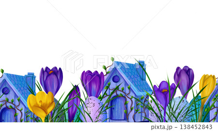 Easter birdhouse with branches, eggs, purple and yellow crocuses. Horizontal seamless border 138452843