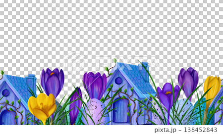 Easter birdhouse with branches, eggs, purple and yellow crocuses. Horizontal seamless border 138452843