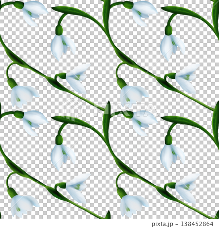 White snowdrops, green branches. Seamless floral botanical pattern. Digital watercolor hand drawn White snowdrops, green branches. Seamless floral botanical pattern. Digital watercolor hand drawn 138452864
