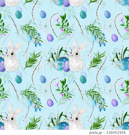 Beautiful colourful eggs, blue birds, snowdrops, willow vines and blue bow. Seamless pattern Beautiful colourful eggs, blue birds, snowdrops, willow vines and blue bow. Seamless pattern 138452956