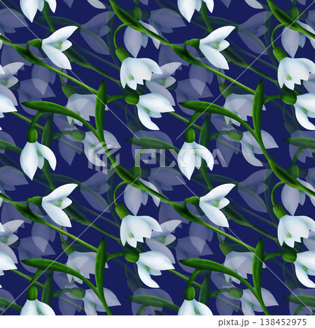 White snowdrops, green branches. Seamless floral botanical pattern. Digital watercolor hand drawn 138452975