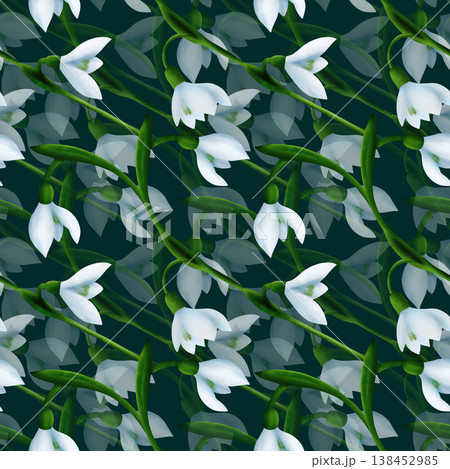 White snowdrops, green branches. Seamless floral botanical pattern. Digital watercolor hand drawn. For design of invitations, certificates, postcards, flyers, textiles, fabrics, stationery White snowdrops, green branches. Seamless floral botanical pattern. Digital watercolor hand drawn. For design of invitations, certificates, postcards, flyers, textiles, fabrics, stationery 138452985