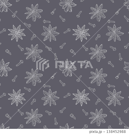 Star anise, dry cloves. Monochrome botanical seamless pattern drawing of fragrant herbs and spices. Graphic ink vector. Good for decoration of cooking, menu, decor, stickers Star anise, dry cloves. Monochrome botanical seamless pattern drawing of fragrant herbs and spices. Graphic ink vector. Good for decoration of cooking, menu, decor, stickers 138452988