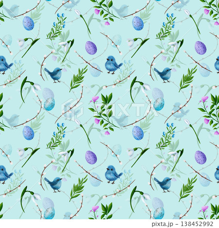 Colourful eggs, blue birds, snowdrops, green branches, willow vines. Seamless pattern 138452992