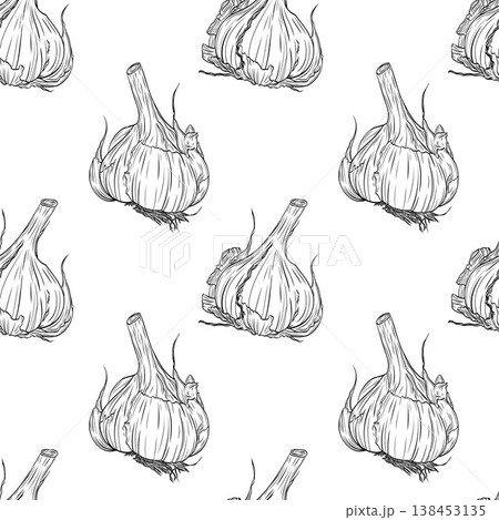 Head of garlic . Monochrome botanical seamless pattern drawing of fragrant herbs and spices. Graphic ink vector. Good for decoration of cooking, menu, decor, stickers, tea, kitchens Head of garlic . Monochrome botanical seamless pattern drawing of fragrant herbs and spices. Graphic ink vector. Good for decoration of cooking, menu, decor, stickers, tea, kitchens 138453135